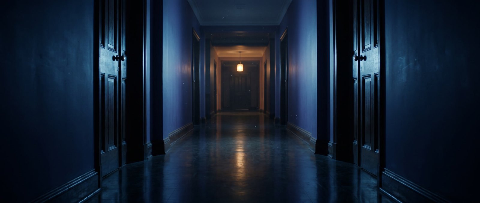 Un long couloir bordé de portes identiques, avec une seule lampe chaude allumée tout au fond.