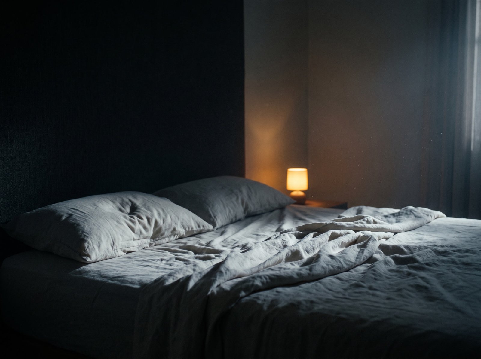 Une chambre la nuit, un lit défait, une petite lampe chaude allumée près du lit.